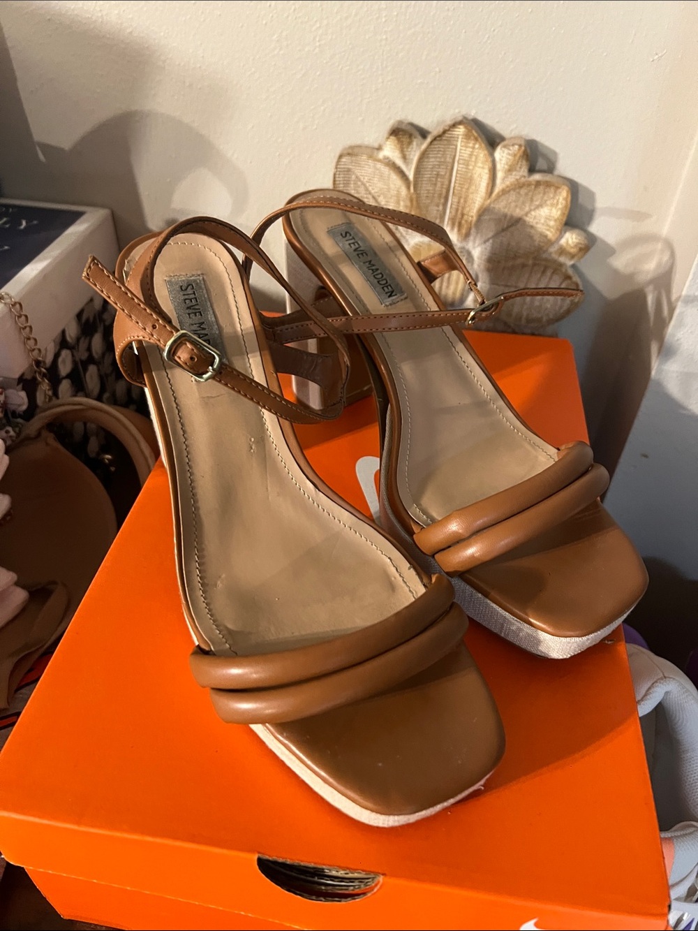 Steve Madden Cognac Brown Leather Strappy Block Heel Sandals